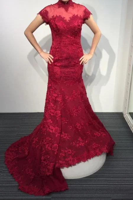 Can't Miss Burgundy Lace Short Sleeve High Neck Mermaid Sweep Train Evening Dresses Vintage Prom Dresses N413