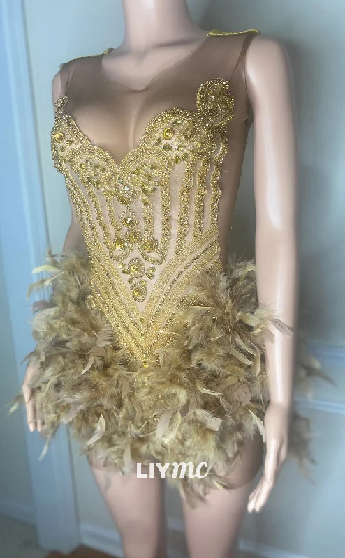 Deal Mania LY301 - Scoop Sleeveless Beaded Appliques Feathered Short Homecoming Dress for Black Girls Deal Mania LY301 - Scoop Sleeveless Beaded Appliques Feathered Short Homecoming Dress for Black Girls