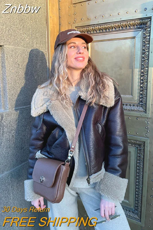 Daily Specials Znbbw Women Fleece Leather Jackets Loose Turn Down Collar Zippers Thick Coat 2023 Autumn Winter Vintage Ladies Warm Clothes Top