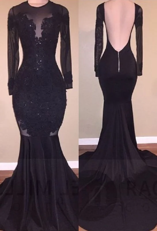 Doorbuster Deal Chic Mermaid Black Long-Sleeves Backless Appliques Prom Party Gowns