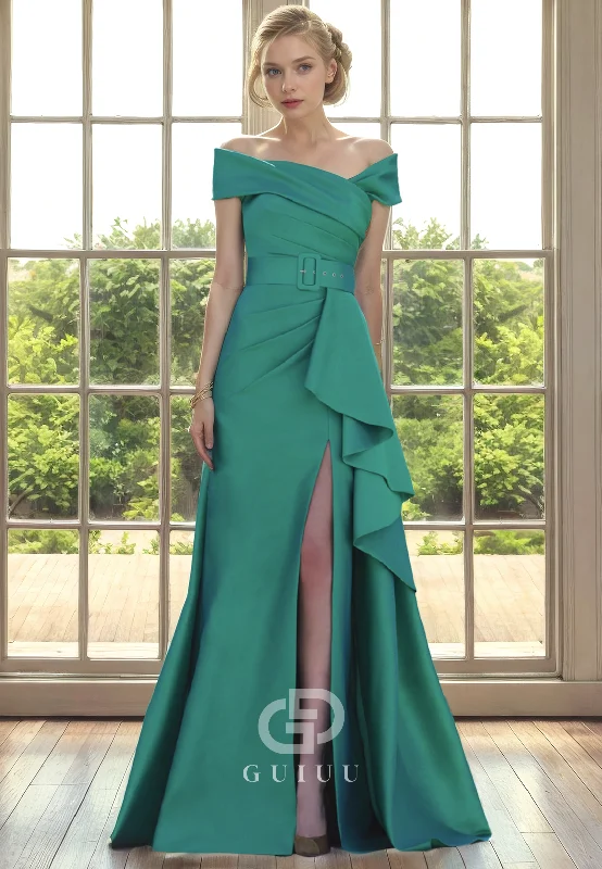 Shop and Save A-Line Off Shoulder Sleeveless Pleated Ruffles Mother of Bride Dress with Slit and Belt Shop and Save A-Line Off Shoulder Sleeveless Pleated Ruffles Mother of Bride Dress with Slit and Belt