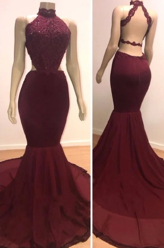 Deal Dash Sexy Backless Halter Mermaid Prom Dress Burgundy Long Chiffon Backless
