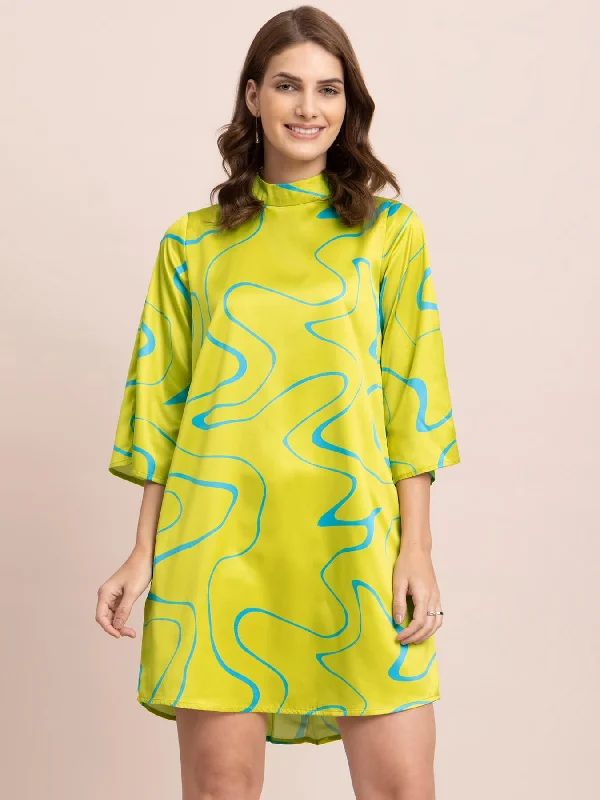 Midnight Madness Satin Abstract Print A-Line Dress - Acid Green And Blue