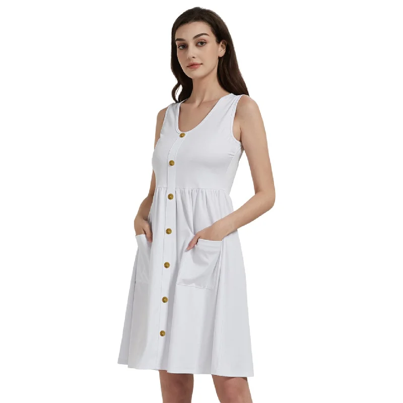 Price Slash Gold buttons Sleeveless Dress With Pocket - White