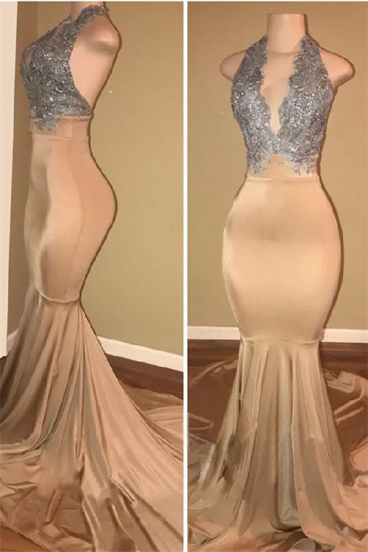 Final Sale Luxurious Halter Sleeveless Lace Applique Mermaid Prom Dresses