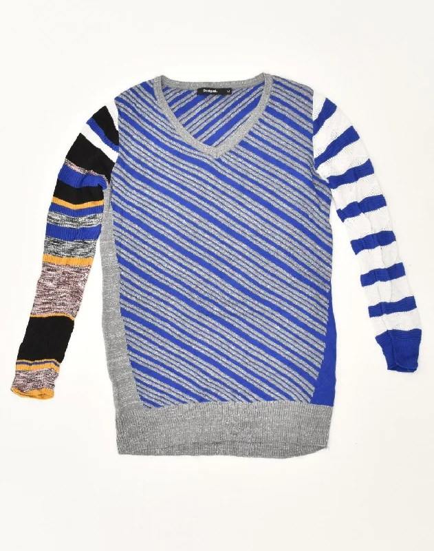 Savings Galore DESIGUAL Womens Slim Fit V-Neck Jumper Sweater UK 12 Medium Blue Striped