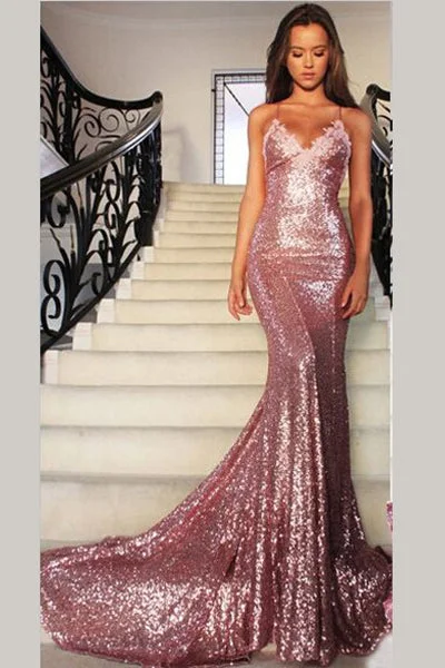 Early Access Gorgeous Rose Gold Spaghetti Straps V-neck Mermaid Sequins Sweep Train Prom Dresses N404 Early Access Gorgeous Rose Gold Spaghetti Straps V-neck Mermaid Sequins Sweep Train Prom Dresses N404