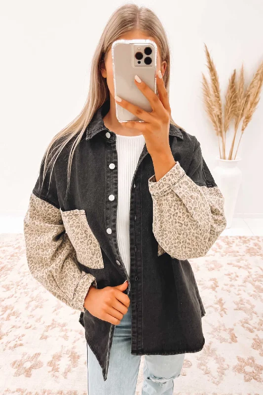 Markdowns Raelynn Denim Shacket Black Leopard