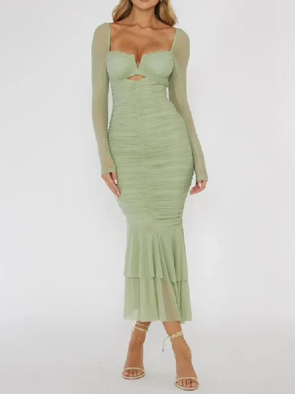 Doorbuster Deal Mesh Ruched Bodycon Midi Dress