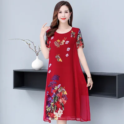 Super Sale Plus Size Oriental Chinese Floral Short Sleeve Chiffon Dress (Extra Big Size)
