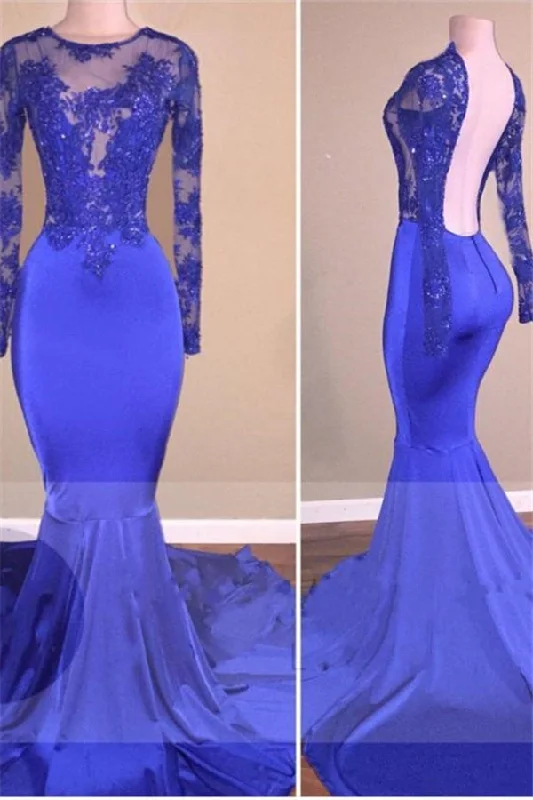Big Savings Royal-Blue Long-Sleeves Open-Back Mermaid Charming Sheer Prom Dresses