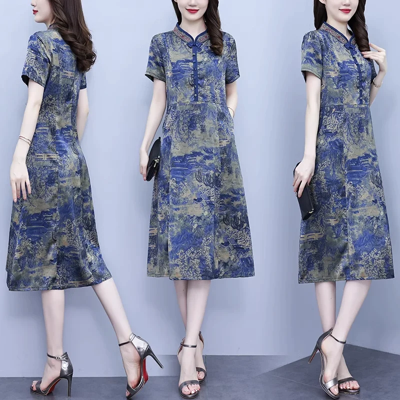 Great Bargains Plus Size Blue Scenery Print Short Sleeve Cheongsam Midi Dress