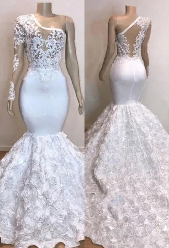 Clearance Sale One Shoulder Lace Appliques Meramid Prom Dresses with sleeve