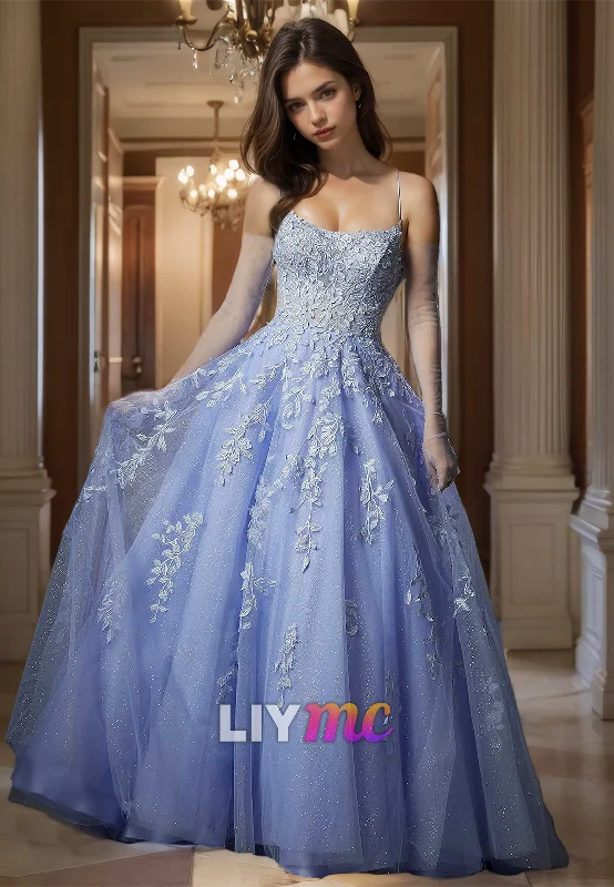 Special Price Scoop Spaghetti Straps Appliques Tulle A-Line Pretty Prom Dress