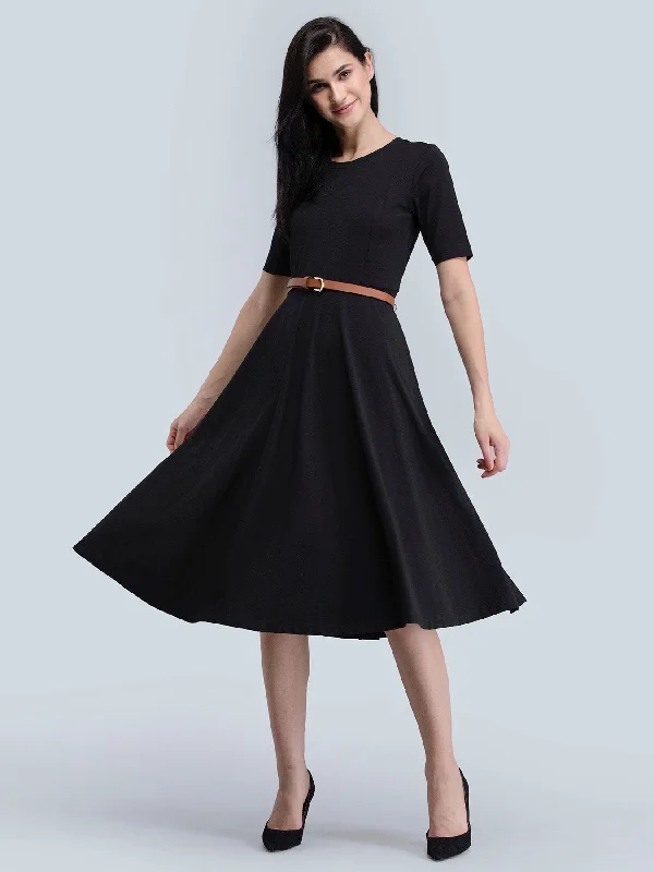 Price Buster Cotton Round Neck Knitted Fit And Flare Dress - Black