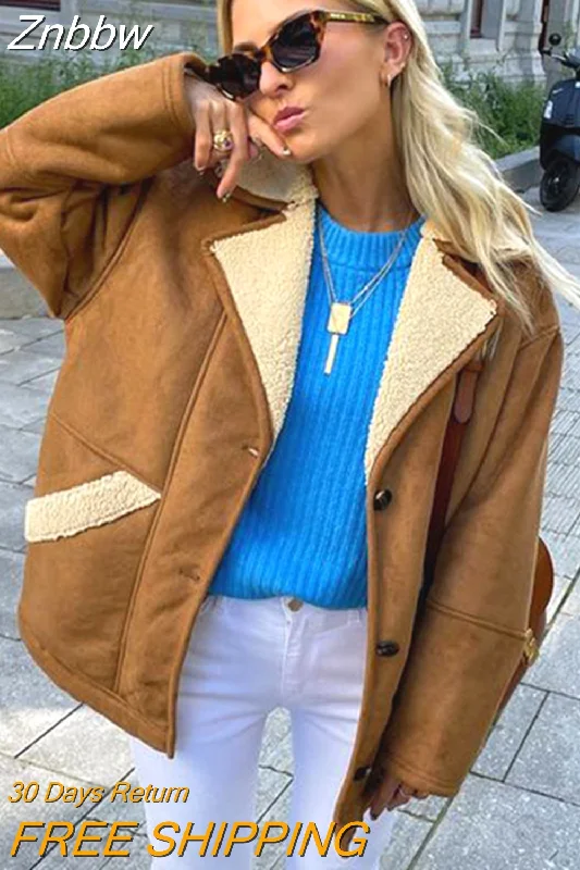 Can't Be Beat Znbbw Women Fashion Casual Lamb Wool Spliced Cropped Coat Single Breasted Loose Sleeved Overcoat 2023 Autumn/Winter Streetwear Female