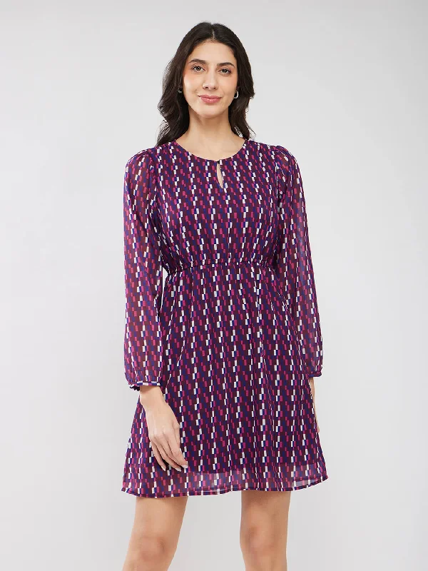 Final Clearance A-line Geometric Print Dress - Purple