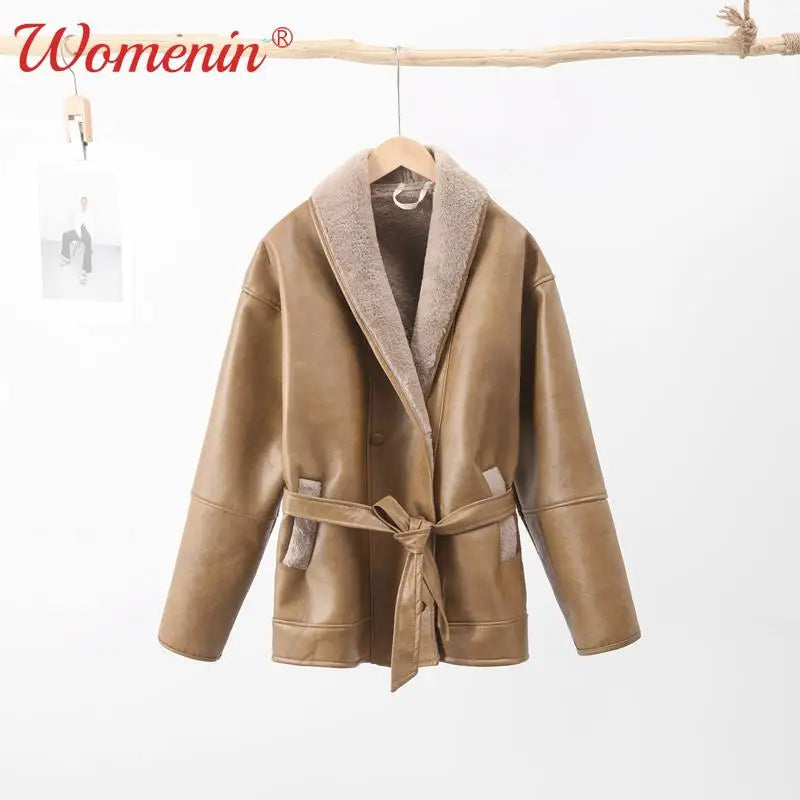 Online Specials Znbbw Winter Leather Jacket Women 2024 New Female Vintage Lapel Faux Wool Belt Coat Thicken Warm Oversize Highstreet Outwear Top Online Specials Znbbw Winter Leather Jacket Women 2024 New Female Vintage Lapel Faux Wool Belt Coat Thicken Warm Oversize Highstreet Outwear Top