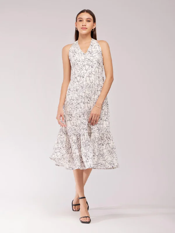 Flash Deals Floral Tiered Dress - Off White