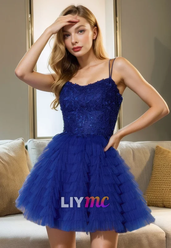 Online Exclusive Scoop Spaghetti Straps Appliques A-Line Tulle Homecoming Dress