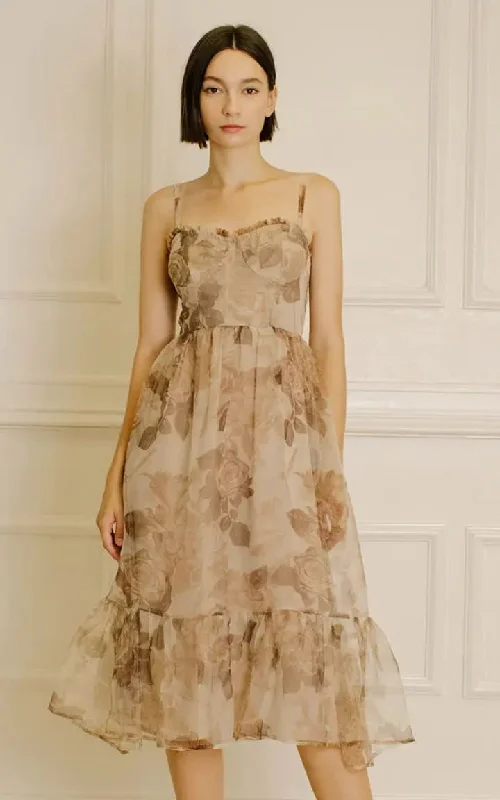 Super Sale Storia - Sheer Rose Print Strapless Midi Dress