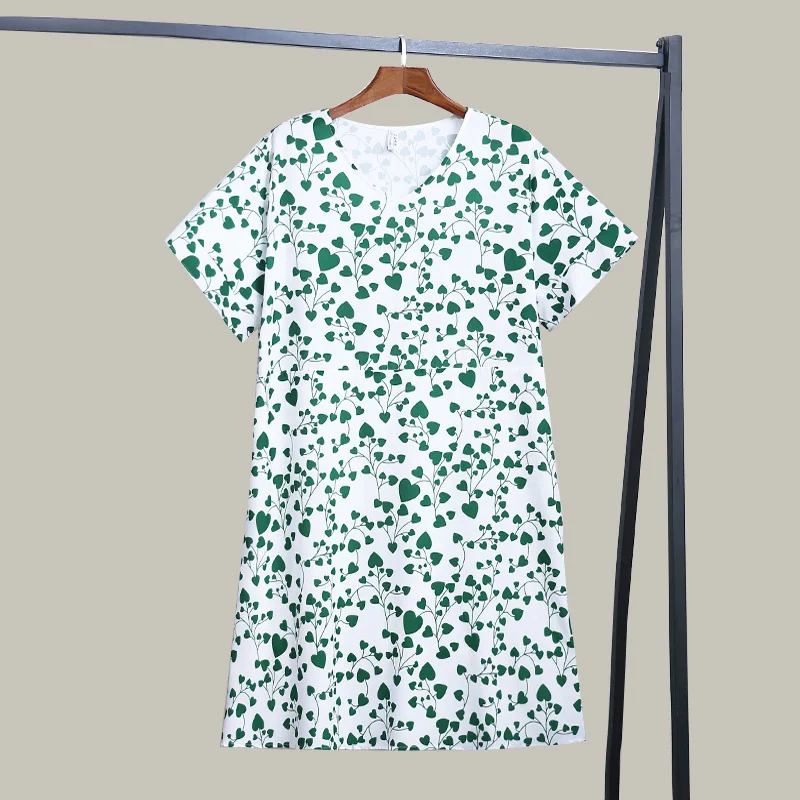 Super Bargain (4XL-10XL) Plus Size White Print V Neck Chiffon Short Sleeve Dress (EXTRA BIG SIZE)