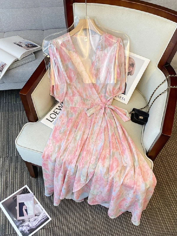 Price Meltdown Plus Size Korean Watercolour Pastel Wrap V Neck Midi Dress