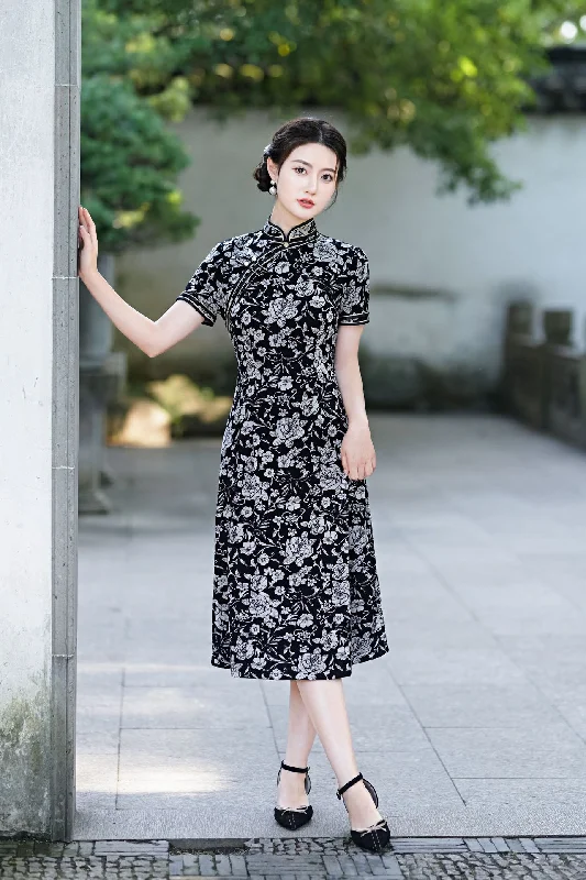 Year-End Clearance (M-5Xl) Plus Size Black Floral Modern Qipao Dress