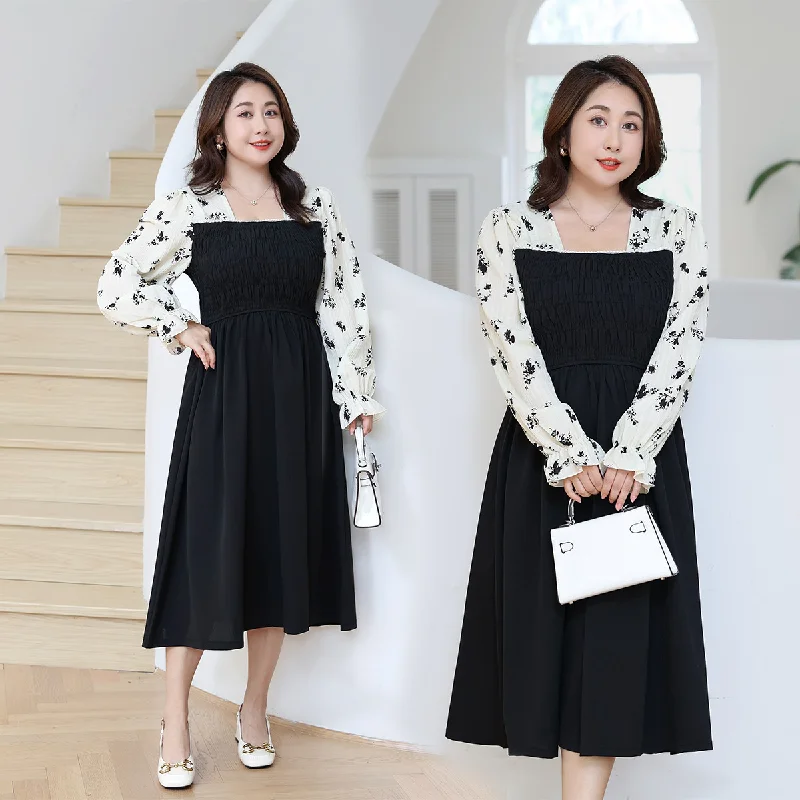 Special Buy (5XL-8XL) Plus Size Floral Square Neck Long Sleeve Dress (Extra Big Size)