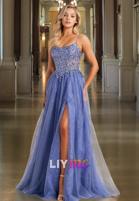 Special Buy Scoop Spaghetti Straps Appliques Pleated A-Line Prom Dress