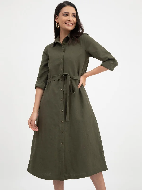 Overstock Sale Linen Shirt Dress - Olive