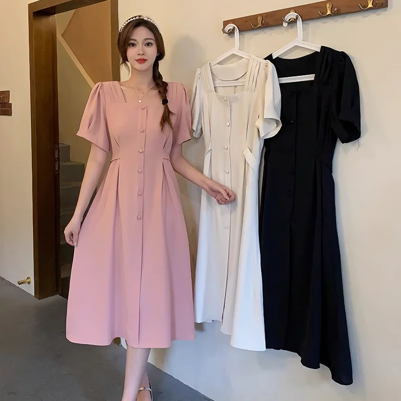 Final Clearance Plus Size Square Neck Buttons Dress