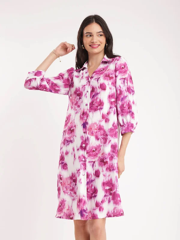 Super Bargain Floral Shirt Dress - Pink And White
