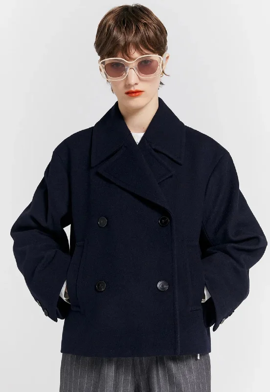 Hurry In Cropped Peacoat - Navy