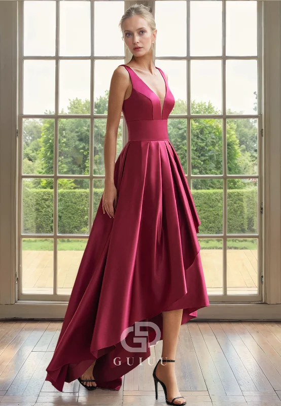 Today Only A-Line V Neck Straps Sleeveless Pleated High Low Mother of Bride Dress