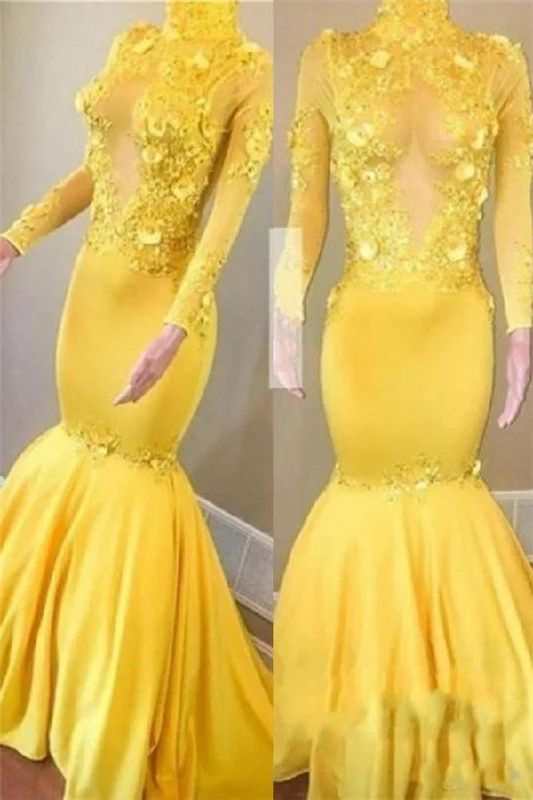 Quick Sale Yellow High Neck Flower Appliques Mermaid Long Sleevess Prom Dresses