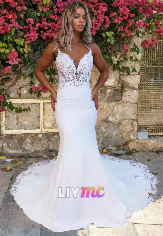 Exclusive Online Offer LW056 - Elegant Mermaid/Trumpet Spaghetti Straps Lace Satin Long Wedding Dress Exclusive Online Offer LW056 - Elegant Mermaid/Trumpet Spaghetti Straps Lace Satin Long Wedding Dress