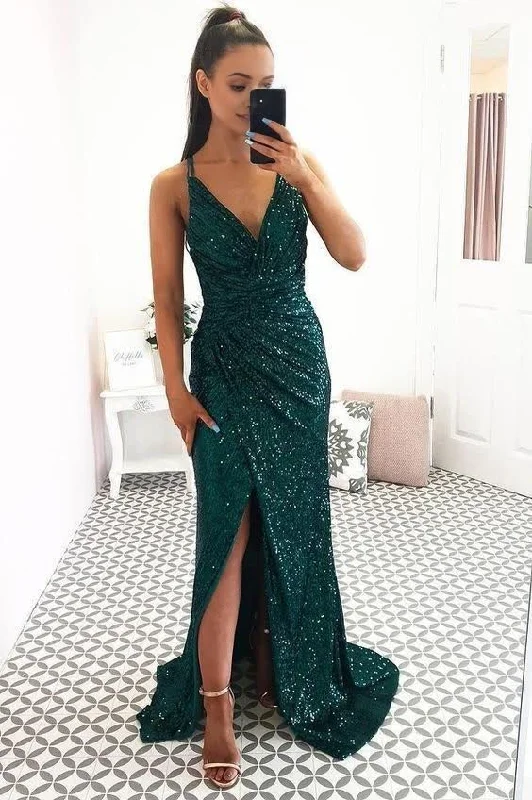 Act Now Green Fitted V Neck Prom Dress For Girl Sequin Backless Formal Gown Side Slit