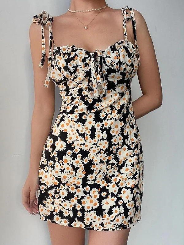 Deep Discounts Cottagecore Daisy Tie Strap Mini Dress