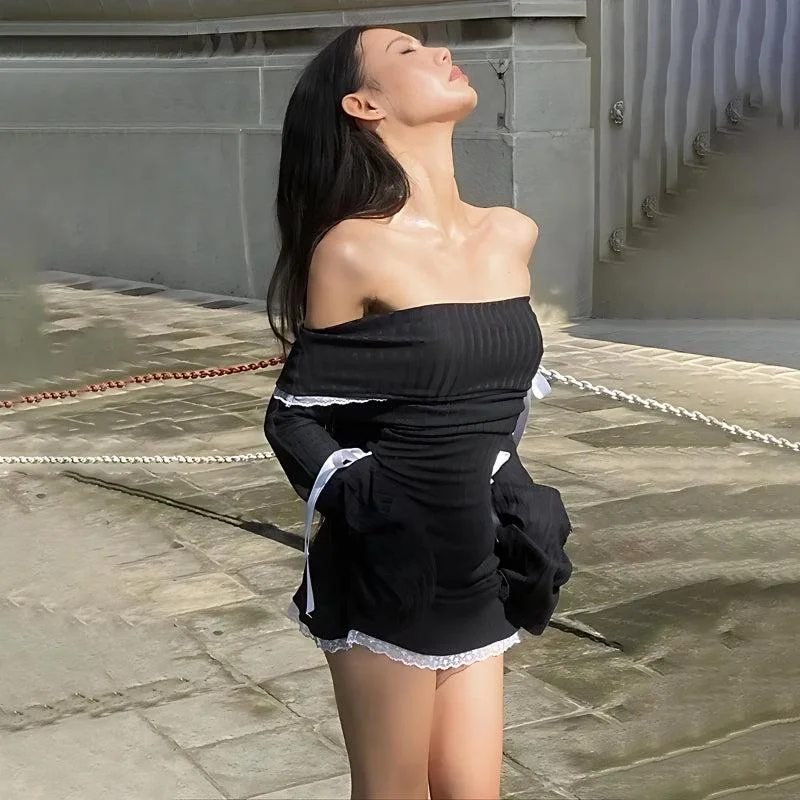 Weekend Deal Y2K Corduroy Off Shoulder Bow Mini Dress