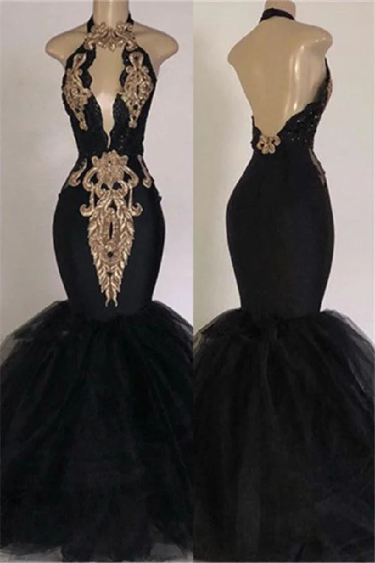 Price Cut Chic Backless Prom Dresses with Gold Appliques Mermaid Halter Evening Gowns with Keyhole Price Cut Chic Backless Prom Dresses with Gold Appliques Mermaid Halter Evening Gowns with Keyhole