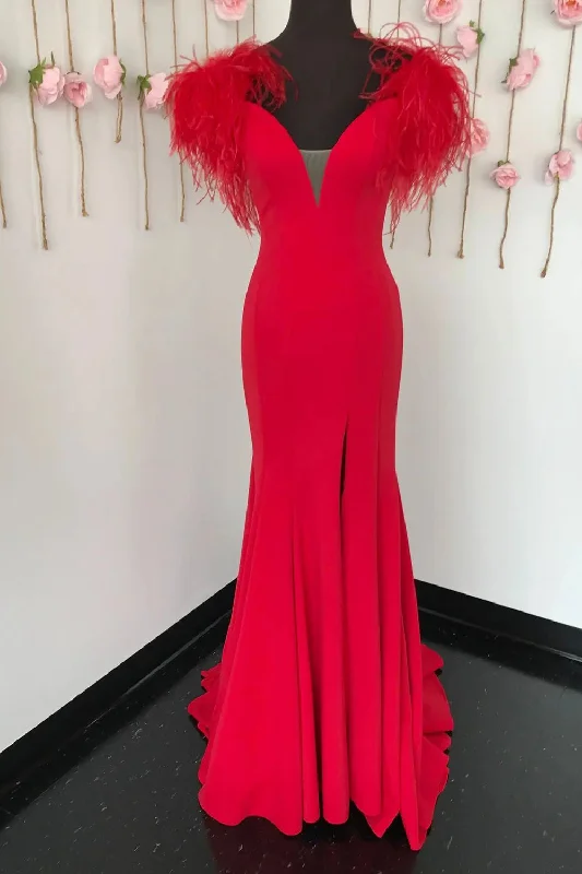 Overstock Sale Red Prom Dress Mermaid V Neck Long Party Evening Dress with Feathers Overstock Sale Red Prom Dress Mermaid V Neck Long Party Evening Dress with Feathers