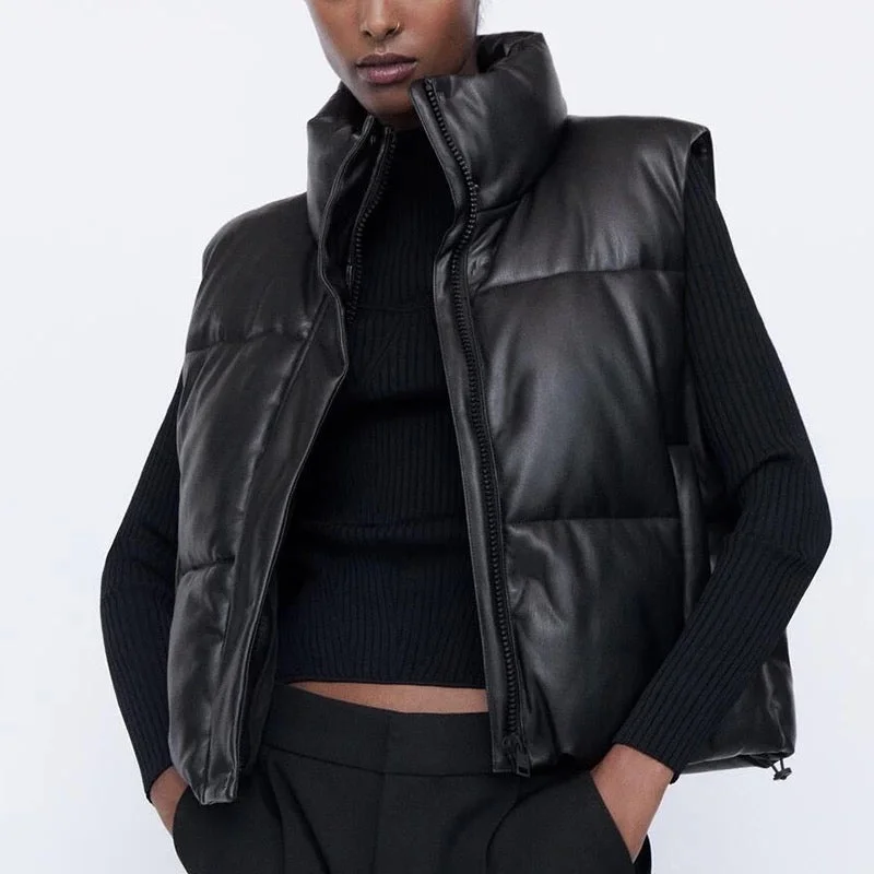 Buy Now Zipper Faux Leather Puffer Vest