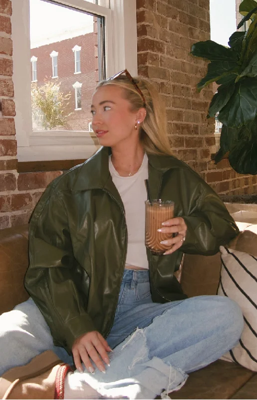 Midnight Madness Abbi PU Olive Bomber Jacket