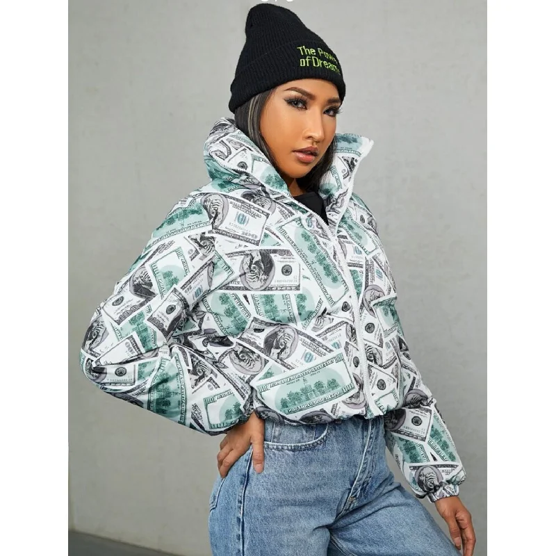 Fantastic Offers Dollar Print Zip Up Puffer Coat