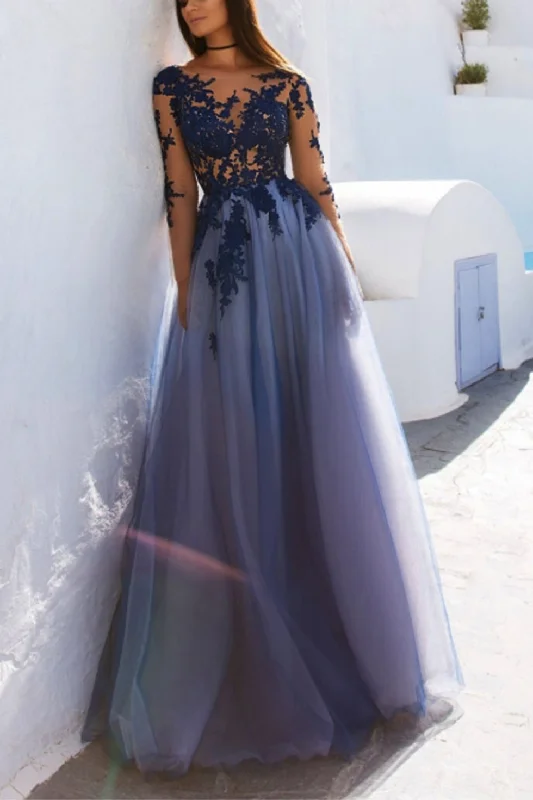 Savings Spectacular Long Sleeve Open Back Floor Length Flowy Tulle Prom Dresses
