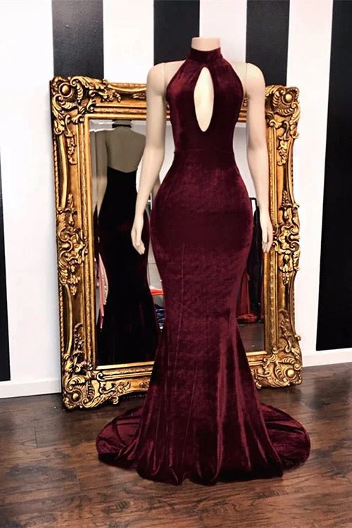 Lowest Prices Sexy Halter V-neck Mermaid Prom Dress Burgundy Long Chiffon