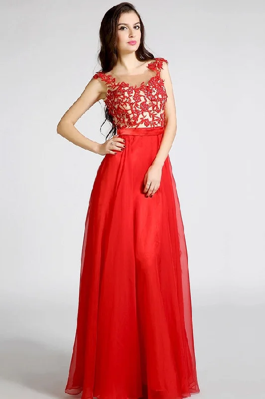 Deal Alert Red Sheer Neck Sleeveless Open Back Lace Appliques Beaded Prom Dresses