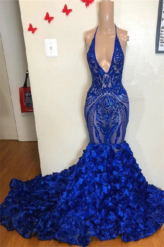 Savings Galore Halter V-neck Sequins Flower Button Mermaid Prom Dresses