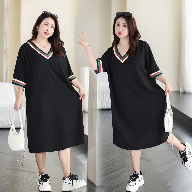 Value Deals Plus Size V Neck Loose Stripes Casual Dress (Extra Big Size)